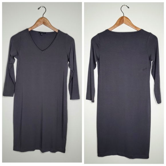 Eileen Fisher | Gray V Neck Viscose Jersey Dress - Picture 5 of 8